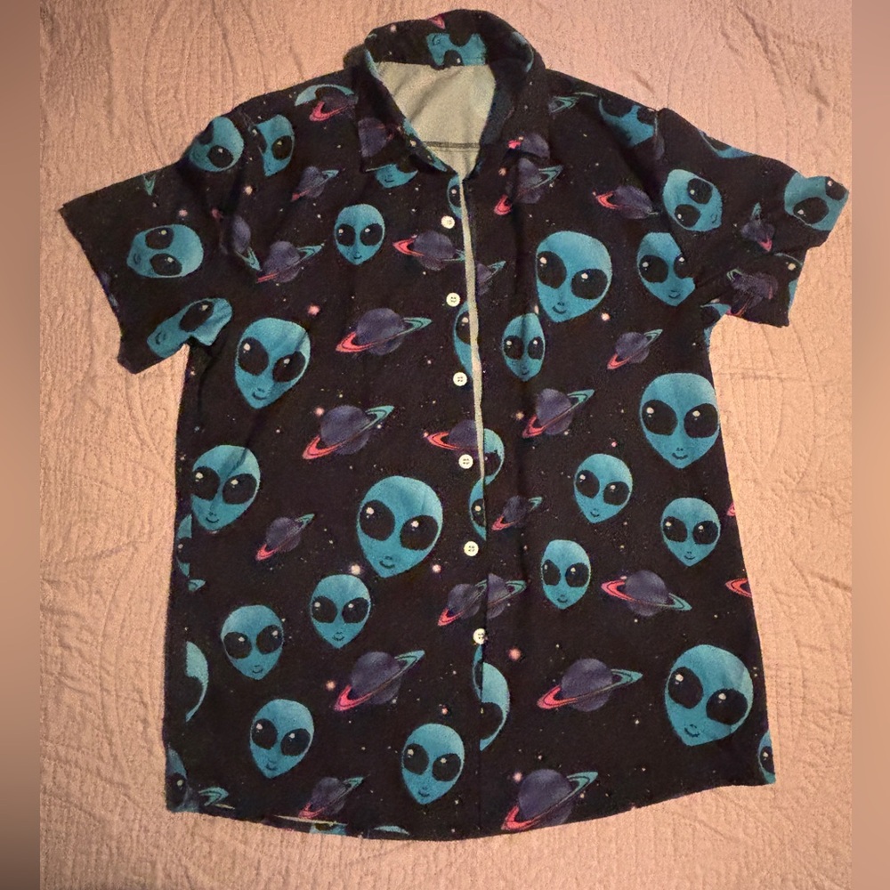 Alien Print Button-Up Shirt